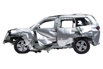 Side view of an SUV: Silver dents from the accident isolated on transparent background.