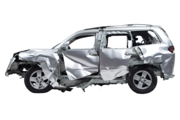 Side view of an SUV: Silver dents from the accident isolated on transparent background.
