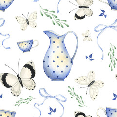 Watercolor seamless pattern with vintage dishes. Porcelain jug with blue polka dots, elegant tea cup and butterflies. Delicate kitchen pattern on a transparent background. 