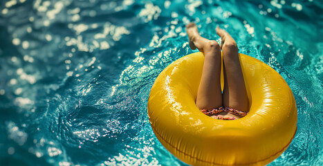 Women's legs and a yellow circle for swimming in turquoise transparent water