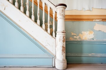 staircase banister with peeling paint in hall