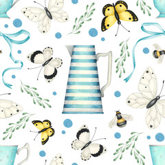 Watercolor seamless pattern with vintage dishes. A striped porcelain jug, an elegant tea cup and butterflies. Delicate kitchen pattern on a transparent background. Kitchen background for scrapbooking