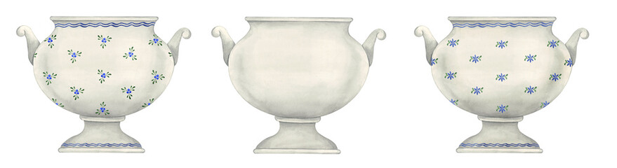 Watercolor set of vintage tureens. White porcelain dishes with simple floral designs. Retro kitchen utensils. Isolated illustrations on white background