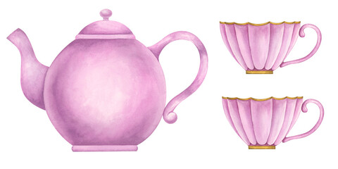 Watercolor set of dishes. Vintage pink teapot and elegant tea cups. Old dishes. Isolated illustrations on white background