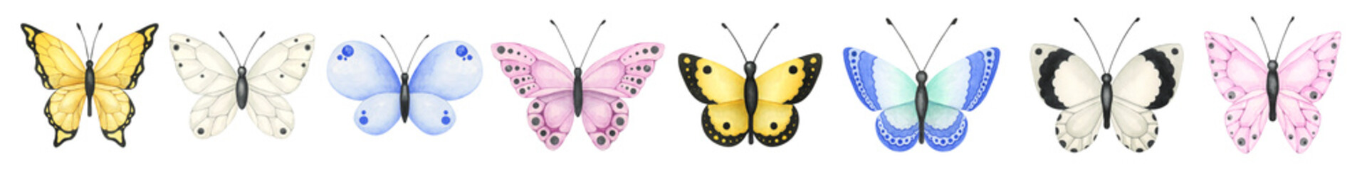 Collection of beautiful watercolor butterflies. Delicate insect illustrations isolated illustration on white background - obrazy, fototapety, plakaty
