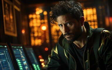 Serious  guy posing in front of laptop with disheveled hair and dark hoodie