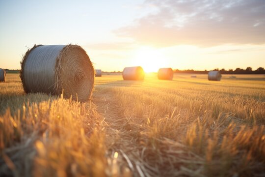 hay bales with sun descending behind