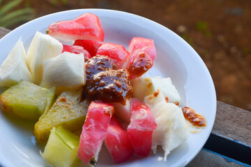 Flat lay various kinds of fruit made into 