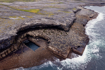 Aerial view on Warm hole, popular tourist landmark on Inishmore island, county Galway, Ireland....