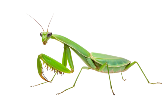 Top side closeup macro view of beautiful praying mantis isolated on white background PNG