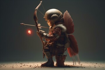Adorable, winged archer with bow, arrow, and a red heart. Generative AI