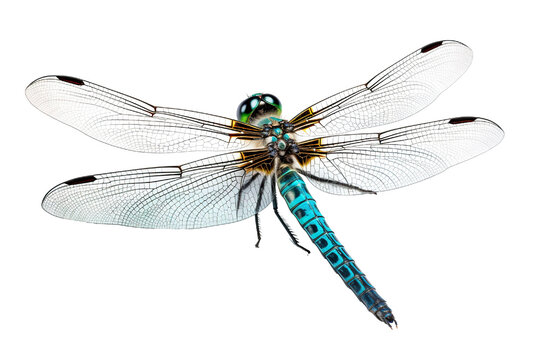 Top side closeup macro view of beautiful dragonfly isolated on white background PNG