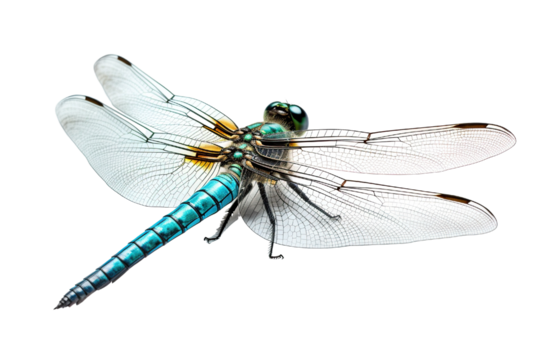 Top side closeup macro view of beautiful dragonfly isolated on white background PNG