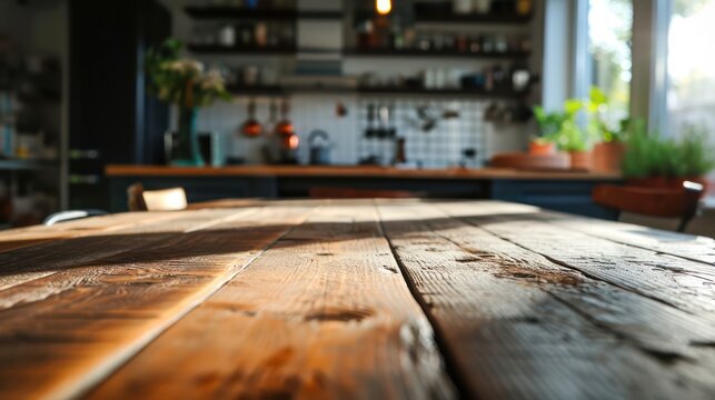 Wooden Table With No Items, With A Kitchen Backdrop, Perfect For Showcasing Products.