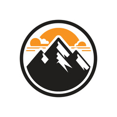 A logo of a mountain inside a circle, using flat design, solid colors, and minimalist style