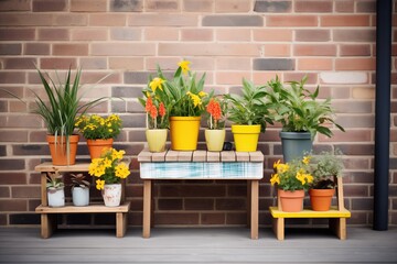 plant pots arranged on a wooden pallet