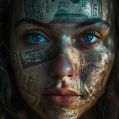 Young woman's face plastered with banknotes, cosmetic surgery addiction concept