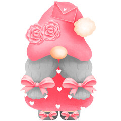 Whimsical watercolor cute pink valentine gnome girl with love letter and rose clipart.