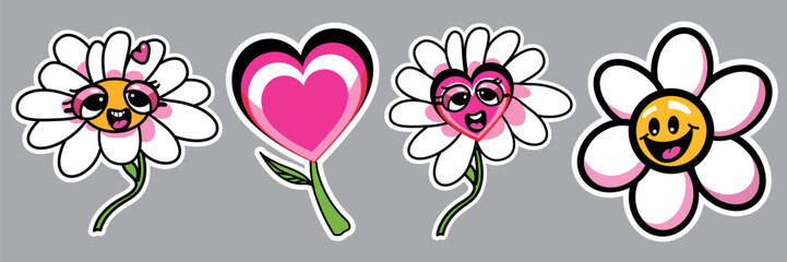 Cool set Y2K smile flower stickers. Funny emoticon groovy blossom patches. y2k patches collage emoticon groovy retro. Flower heart, love flower, groove flower, smiley flower.Trendy groovy print 
