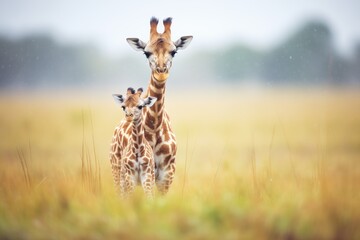 mother giraffe standing over calf protecting from rain