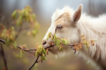 fluffy goat nibbling bush branches in springtime