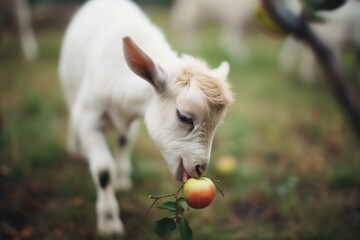 small goat taking bites from an apple in an orchard