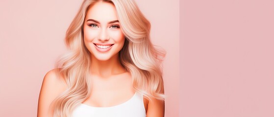 Obraz na płótnie Canvas Blonde woman with radiant smile and healthy hair on pastel background. Hair care and beauty concept.