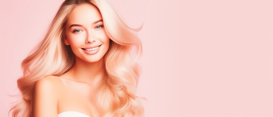 Obraz na płótnie Canvas Blonde hair care products banner template with smiling young woman and copy space on pastel flat background