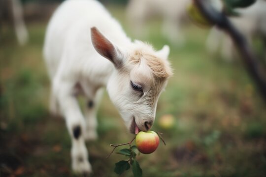 small goat taking bites from an apple in an orchard