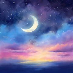 Obraz na płótnie Canvas Watercolor night sky with moon and sparkling stars background