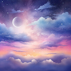 Fototapeta na wymiar Watercolor night sky with moon and sparkling stars background