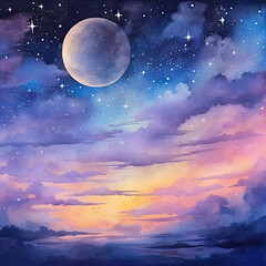 Watercolor night sky with moon and sparkling stars background