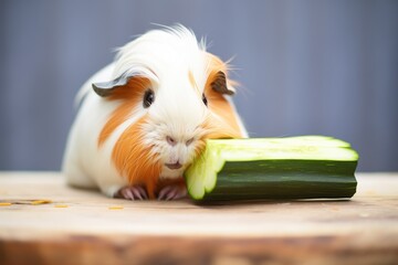 guinea pig munching a piece of zucchini - obrazy, fototapety, plakaty