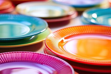 Colorful ceramic plates neatly arranged on the kitchen table showcase a vibrant and varied collection of tableware. - Powered by Adobe