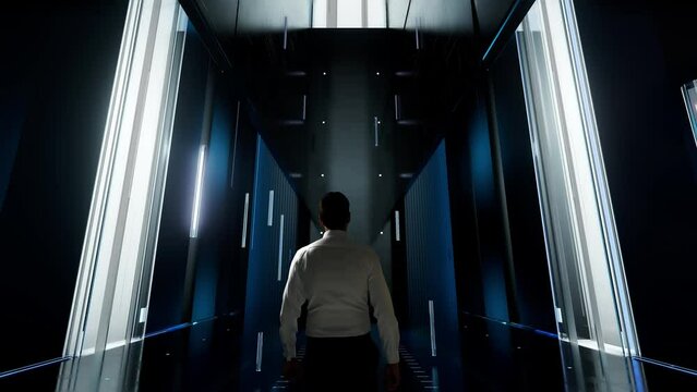 Ingenierie de plateforme. Man in Futuristic Office Interior Moving and Activating Hologram.