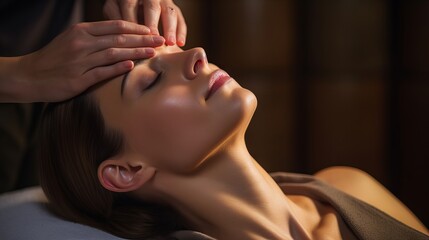 Relaxed young woman enjoying a soothing neck massage at a luxury spa resort