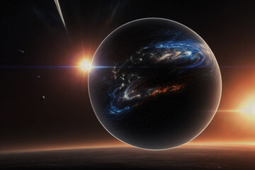 Fototapeta na wymiar Epic Cosmos:Science Depiction of a Dark Universe with a Central Planet realistic wallpaper style