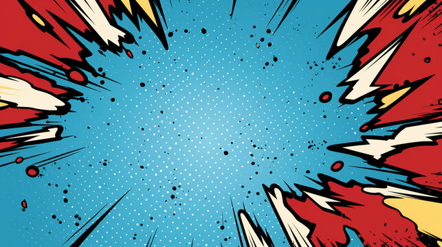 Comic blast boom cartoon illustated on blue background 16-9 ratio blank space for wording design