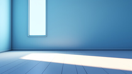 An empty blue room with a window and a shadow in the window