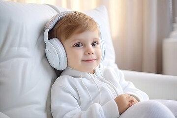 A small fair-haired, cute and positive boy listens to music or a fairy tale in white headphones. Close-up. Portrait.