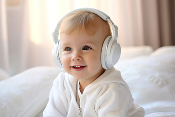 A small fair-haired, cute and positive boy listens to music or a fairy tale in white headphones. Close-up. Portrait.