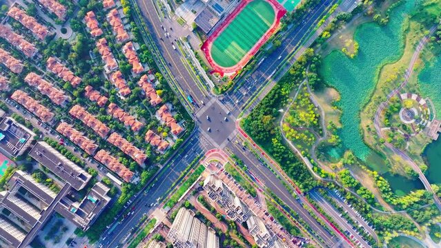 Aerial photo of modern city, dense building complex, eco-city, green city