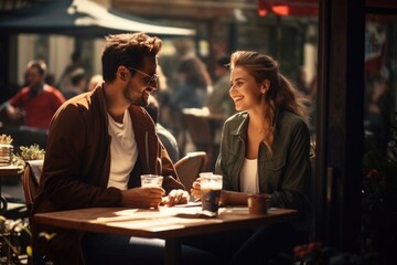 A couple in love on a date. Couple man and woman sitting in a cafe. 