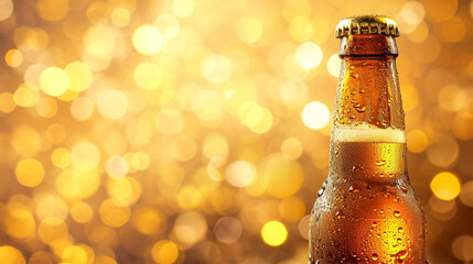 Chilled bottle of beer on a bright golden background