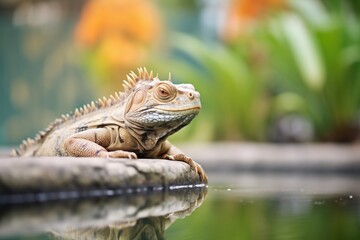 Fototapeta premium iguana overlooking a calm pond