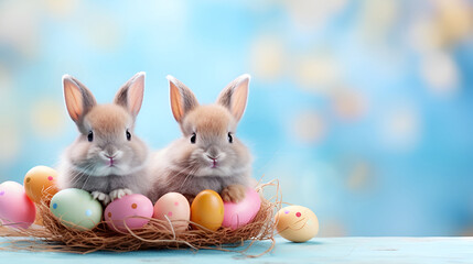 Fototapeta na wymiar Two adorable Easter bunnies snuggled in a nest among bright Easter eggs on a blue background with copy space. concept of easter joy and renewal of spring season.