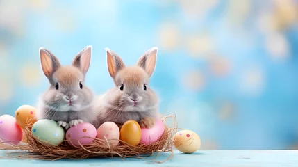 Foto op Aluminium Two adorable Easter bunnies snuggled in a nest among bright Easter eggs on a blue background with copy space. concept of easter joy and renewal of spring season. © Tetiana