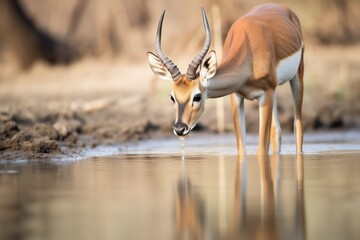 impala drinking cautiously from stream - obrazy, fototapety, plakaty
