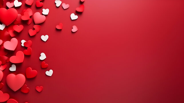 Romantic concept for Valentine's Day, red, white and pink hearts forming a frame on the red background. Top view with ample space for text.