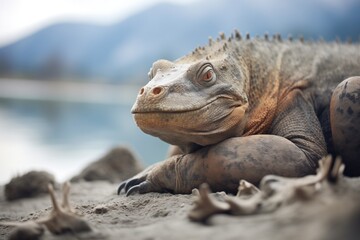 Fototapeta premium komodo dragon sunbathing on rocky terrain